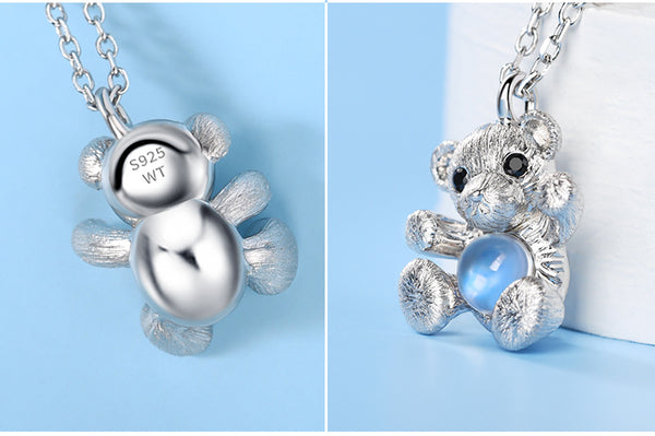 Sterling Silver Bear Moonstone Pendant Necklace For Women Accessories