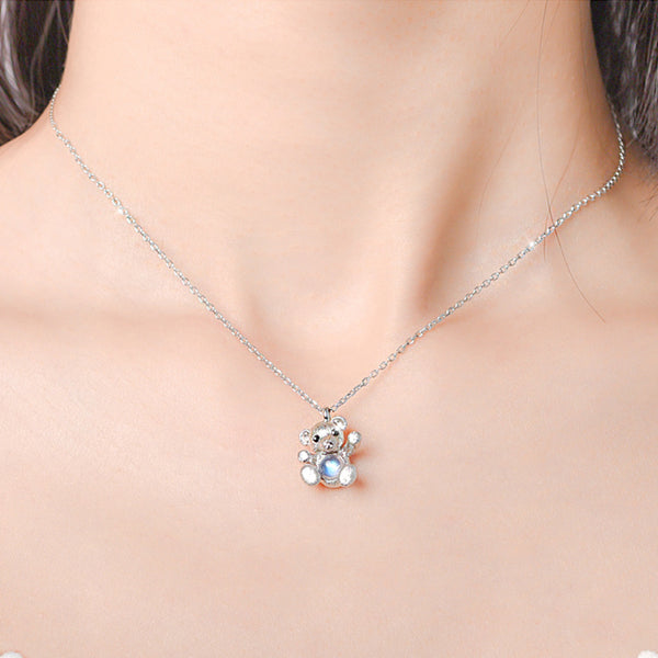 Sterling Silver Bear Moonstone Pendant Necklace For Women Badass