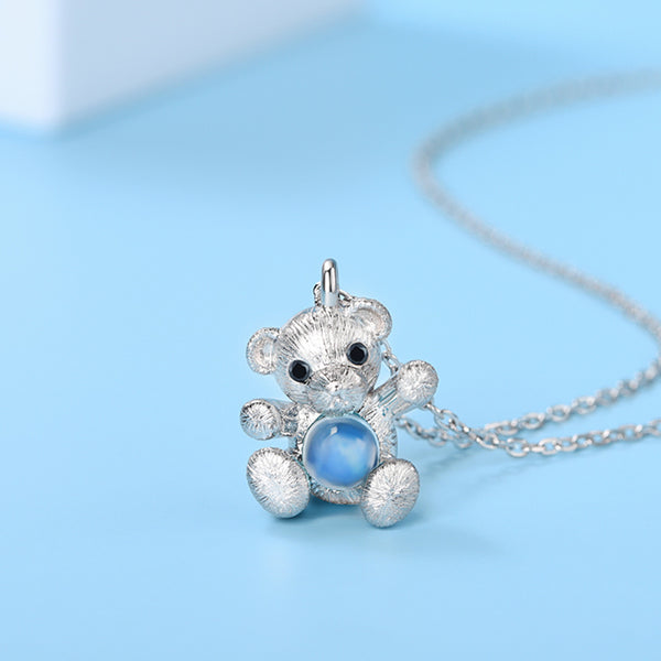 Ladies Sterling Silver Hug Bear Moonstone Pendant Necklace For Women