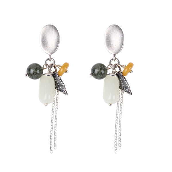 Sterling Silver Dangle Earrings with Hetian Jade Wax jade Rutilated Quartz Handmade Jewelry Women