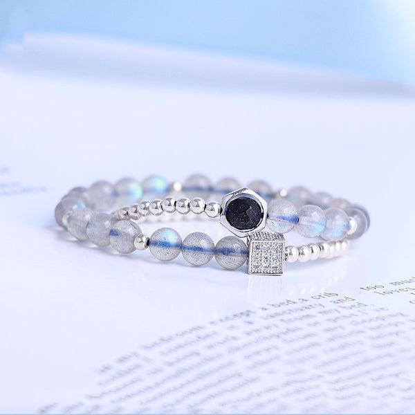 Sterling Silver Grey Moonstone and Blue sandstone Bead Bracelet Handmade Jewelry Accessories Gift Women