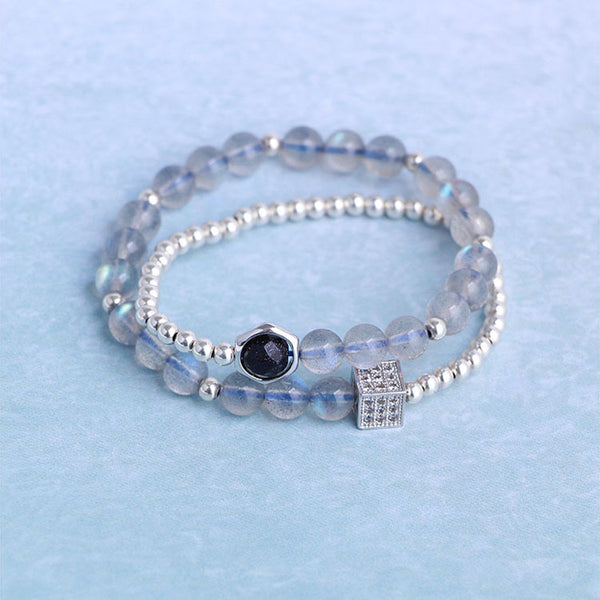 Sterling Silver Moonstone Blue sandstone Bead Bracelet Handmade Jewelry Accessories Gift Women cute