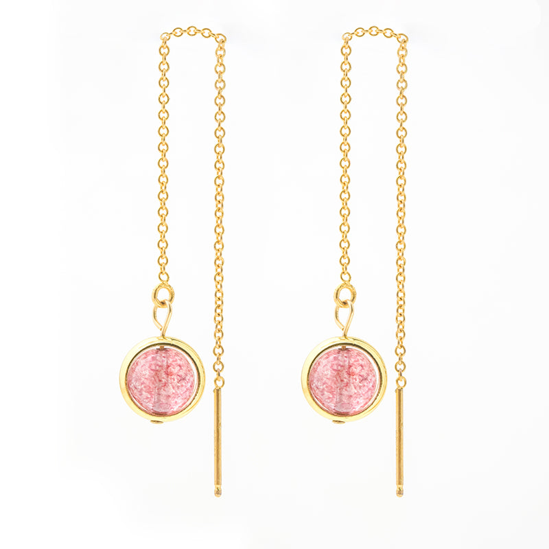 Strawberry Quartz Crystal Bead Gold Threader Earrings Handmade Jewelry Accessories Women cute