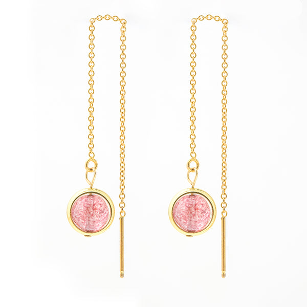 Strawberry Quartz Crystal Bead Gold Threader Earrings Handmade Jewelry Accessories Women cute