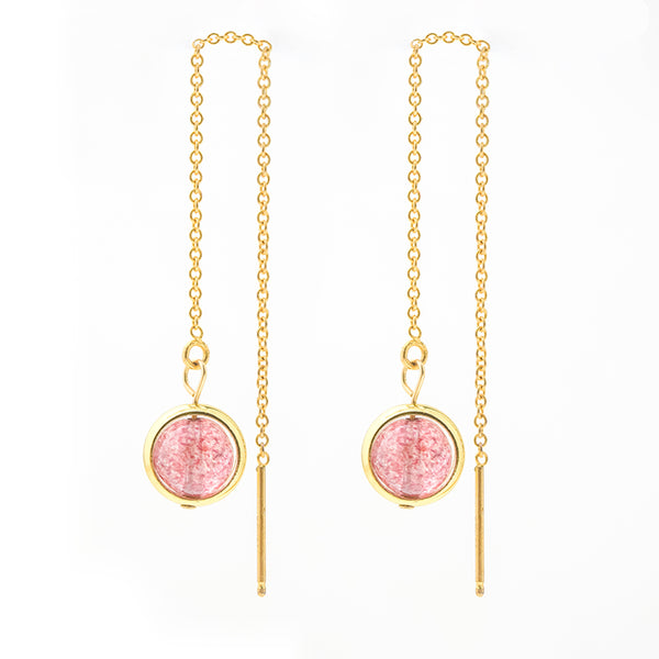 Strawberry Quartz Crystal Bead Gold Threader Earrings Handmade Jewelry Accessories Women cute