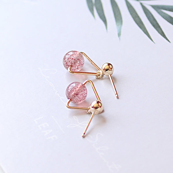 Strawberry Quartz Crystal Moonstone Bead Gold Stud Dangle Earrings Handmade Jewelry Accessories Women beautiful cute
