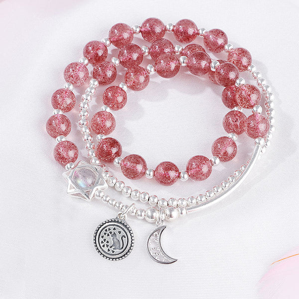 Strawberry Quartz Moonstone Sterling Silver Bead Bracelet Rosantica Handmade Jewelry Women gift