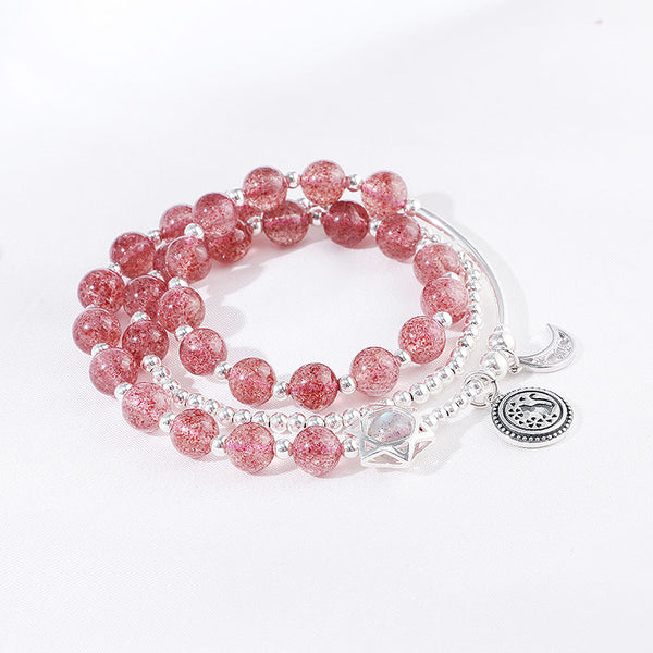 Strawberry Quartz Moonstone Sterling Silver Bead Bracelet Rosantica Handmade Jewelry Women girls