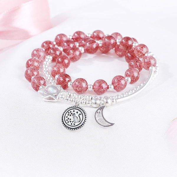 Strawberry Quartz Moonstone Sterling Silver Bead Bracelet Rosantica Handmade Jewelry Women