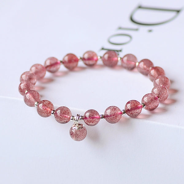 Strawberry Quartz Silver Bead Bracelet Handmade Jewelry Accessories Gifts Women chic