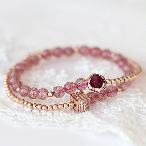 Strawberry Quartz Tigereye Rose Gold Plated Silver Bead Bracelet Handmade Jewelry Women