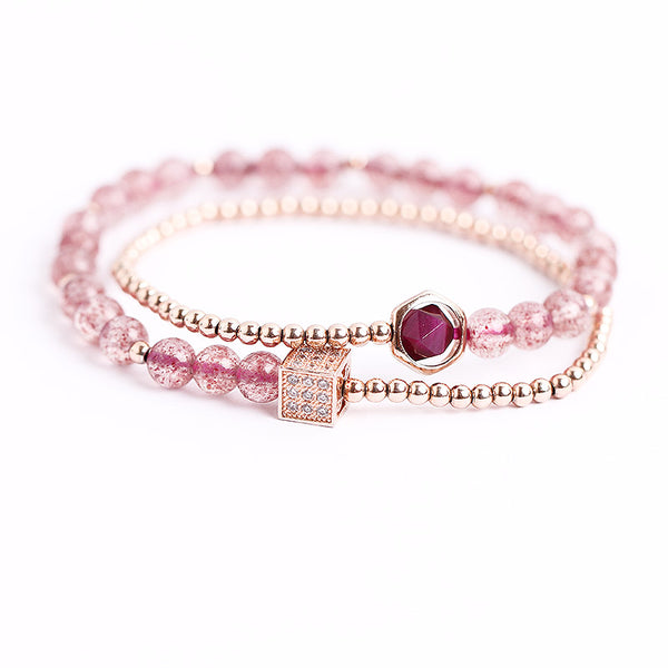 Strawberry Quartz Tigereye Gold Silver Bead Bracelet Handmade Jewelry Women gift