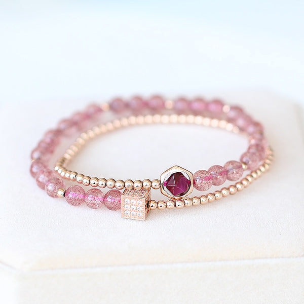 Strawberry Quartz Tigereye Gold Silver Bead Bracelet Handmade Jewelry Women pink