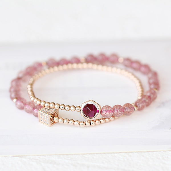 Strawberry Quartz Tigereye Gold Silver Bead Bracelet Handmade Jewelry Women