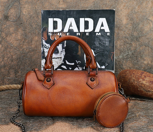 Stylish Ladies Barrel Handbag Brown Shoulder Bag For Women Cowhide