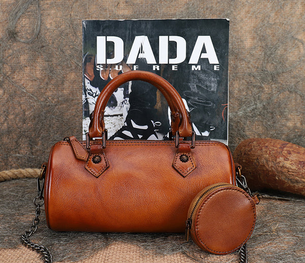 Stylish Ladies Barrel Handbag Brown Shoulder Bag For Women Cowhide