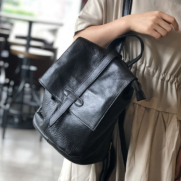 Stylish Small Ladies Genuine Leather Rucksack Backpack Purse for Women Black