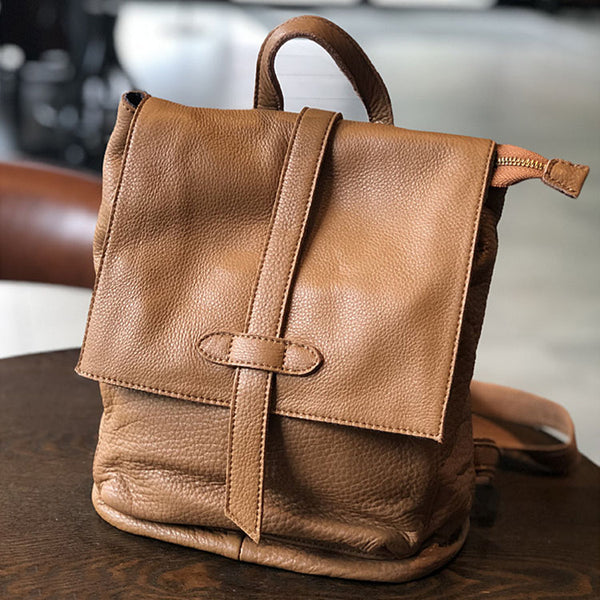 Stylish Small Ladies Genuine Leather Rucksack Backpack Purse for Women Brown