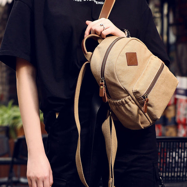 Stylish Women's Brown Canvas And Leather Backpack Purse Small Rucksack Bag With Zipper