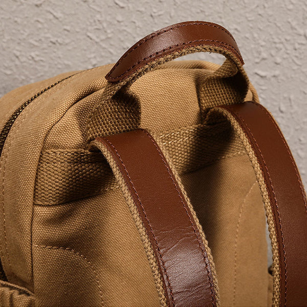 Stylish Women's Brown Canvas And Leather Backpack Purse Small Rucksack Bag With Zipper