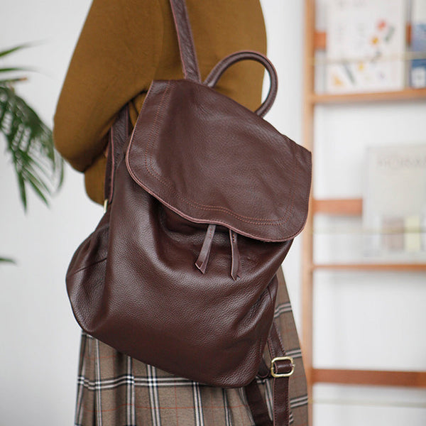 Stylish Womens Black Leather Rucksack Plain Black Backpack For Women Brown