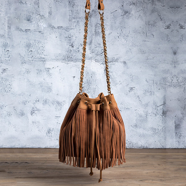 Stylish Womens Suede Bucket Bag Fringe Crossbody Boho Bag For Women Accessories