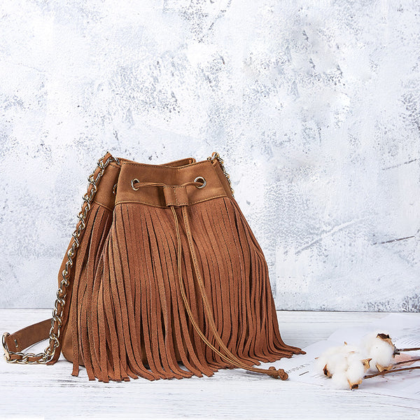 Stylish Womens Suede Bucket Bag Fringe Crossbody Boho Bag For Women Affordable