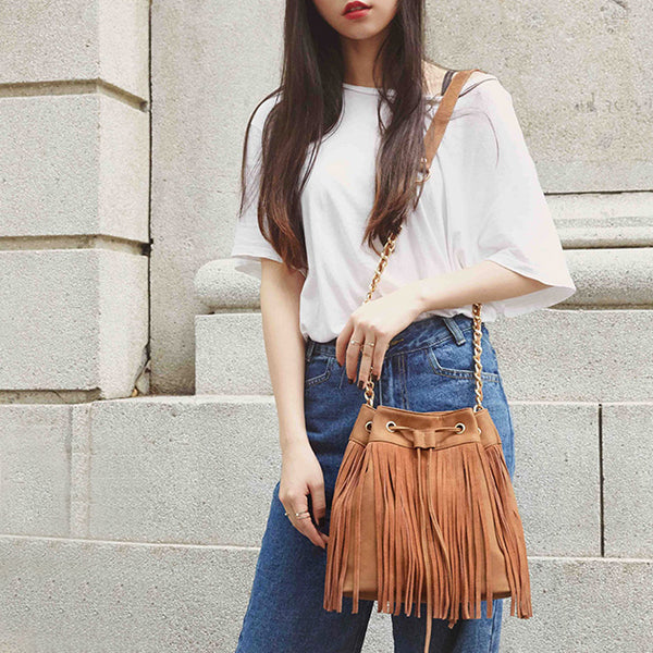 Stylish Womens Suede Bucket Bag Fringe Crossbody Boho Bag For Women Badass
