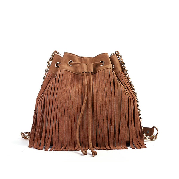 Stylish Womens Suede Bucket Bag Fringe Crossbody Boho Bag For Women Beautiful