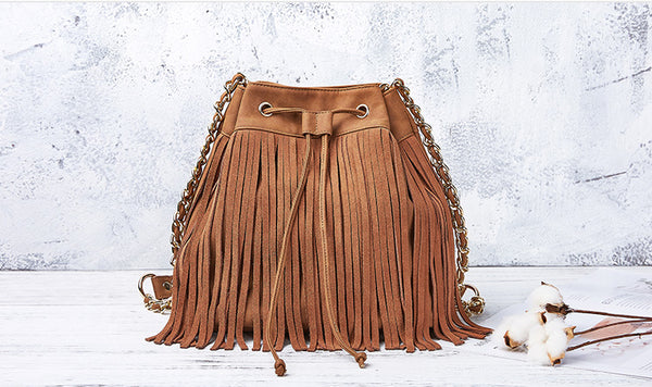 Stylish Womens Suede Bucket Bag Fringe Crossbody Boho Bag For Women Casual
