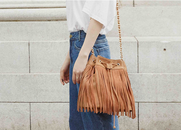 Stylish Womens Suede Bucket Bag Fringe Crossbody Boho Bag For Women Chic