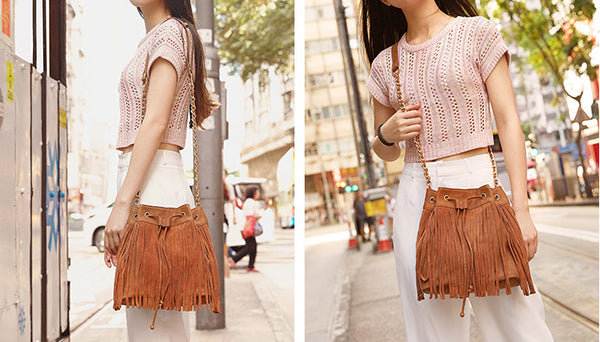 Stylish Womens Suede Bucket Bag Fringe Crossbody Boho Bag For Women Cool