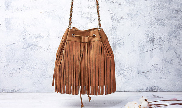 Stylish Womens Suede Bucket Bag Fringe Crossbody Boho Bag For Women Fashion