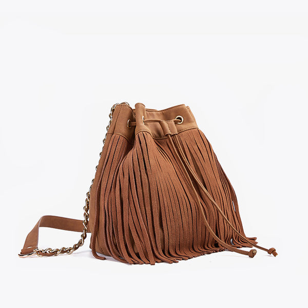 Stylish Womens Suede Bucket Bag Fringe Crossbody Boho Bag For Women Funky