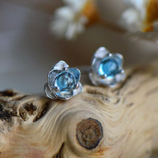 Blue Topaz Stud Earrings in Sterling Silver November Birthstone Handmade Jewelry
