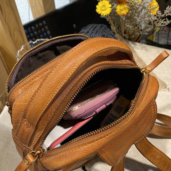 Unique Ladies Small Square Genuine Leather Backpack Purses Handbags for Women Durable
