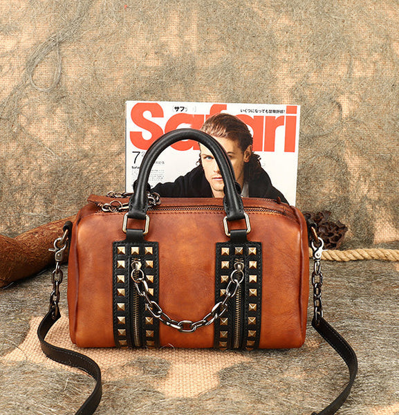 Unique Womens Crossbody Bag With Top Handle Black Leather Shoulder Bag Brown