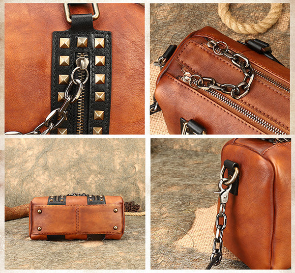 Unique Womens Crossbody Bag With Top Handle Black Leather Shoulder Bag Details