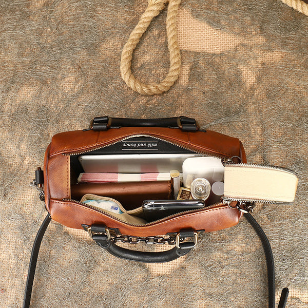 Unique Womens Crossbody Bag With Top Handle Black Leather Shoulder Bag Handmade