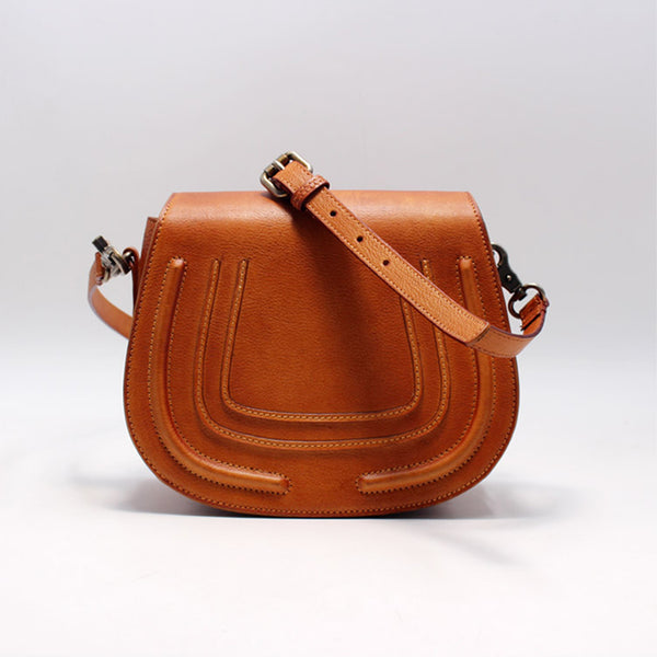 Vintage Handmade Leather Saddle Crossbody Shoulder Bag Round Bag Purses Women