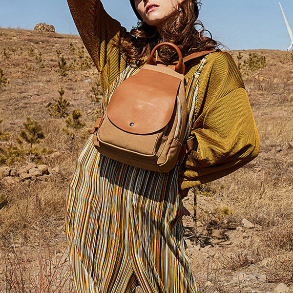 Funky Ladies Small Canvas And Genuine Leather Rucksack Backpack Purse Handbags for Women