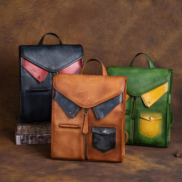 Vintage Ladies Genuine Leather Rucksack Uniform Shaped Backpack Purse For Women