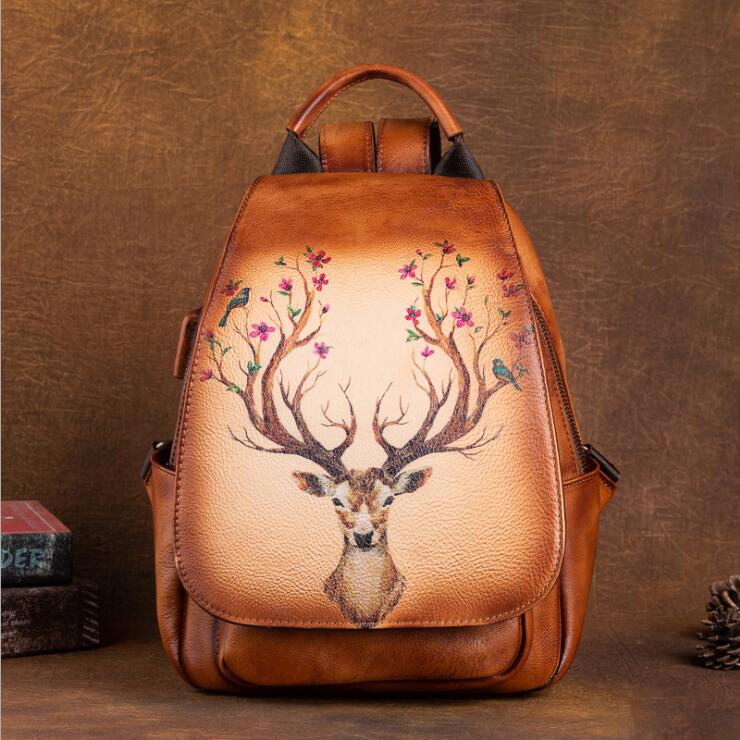 Vintage Ladies Leather Backpack Purse With Built In Universal USB Port For Women Accessories