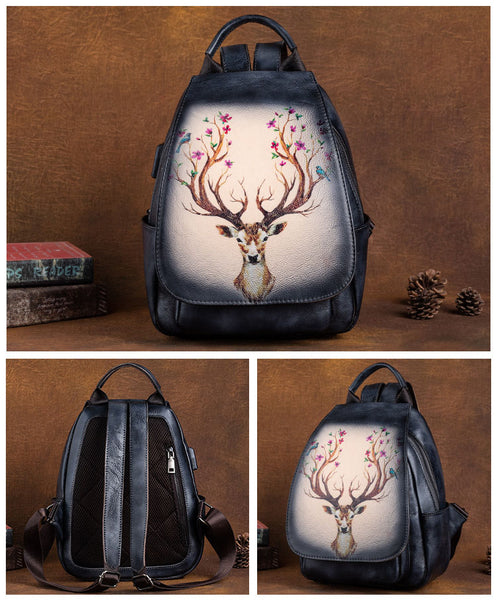 Vintage Ladies Leather Backpack Purse With Built In Universal USB Port For Women Black