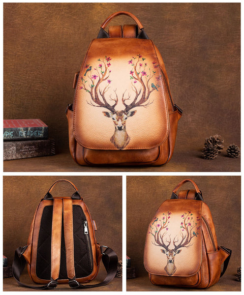 Vintage Ladies Leather Backpack Purse With Built In Universal USB Port For Women Brown