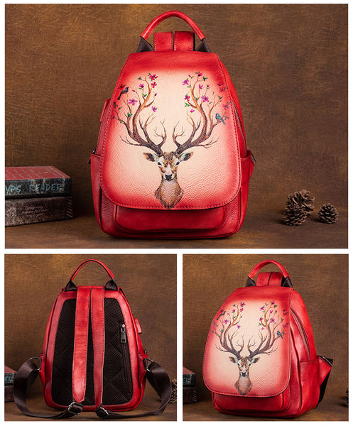 Vintage Ladies Leather Backpack Purse With Built In Universal USB Port For Women Cool