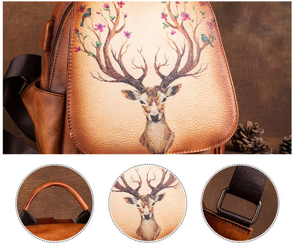 Vintage Ladies Leather Backpack Purse With Built In Universal USB Port For Women Cowhide