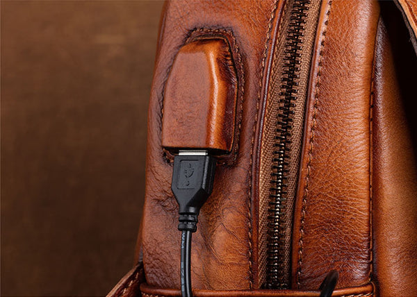 Vintage Ladies Leather Backpack Purse With Built In Universal USB Port For Women Details