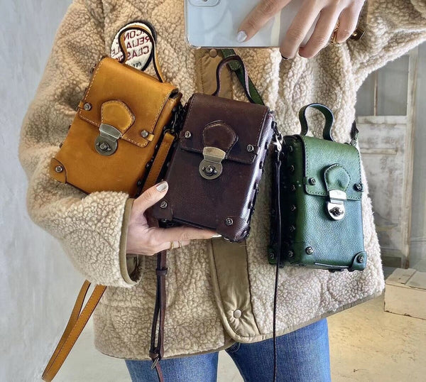 Mini Women's Leather Cell Phone Purses With Shoulder Strap Leather Over The Shoulder Bag