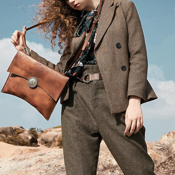 Vintage Ladies Leather Flap Shoulder Bag Women's Satchel Bag Brown